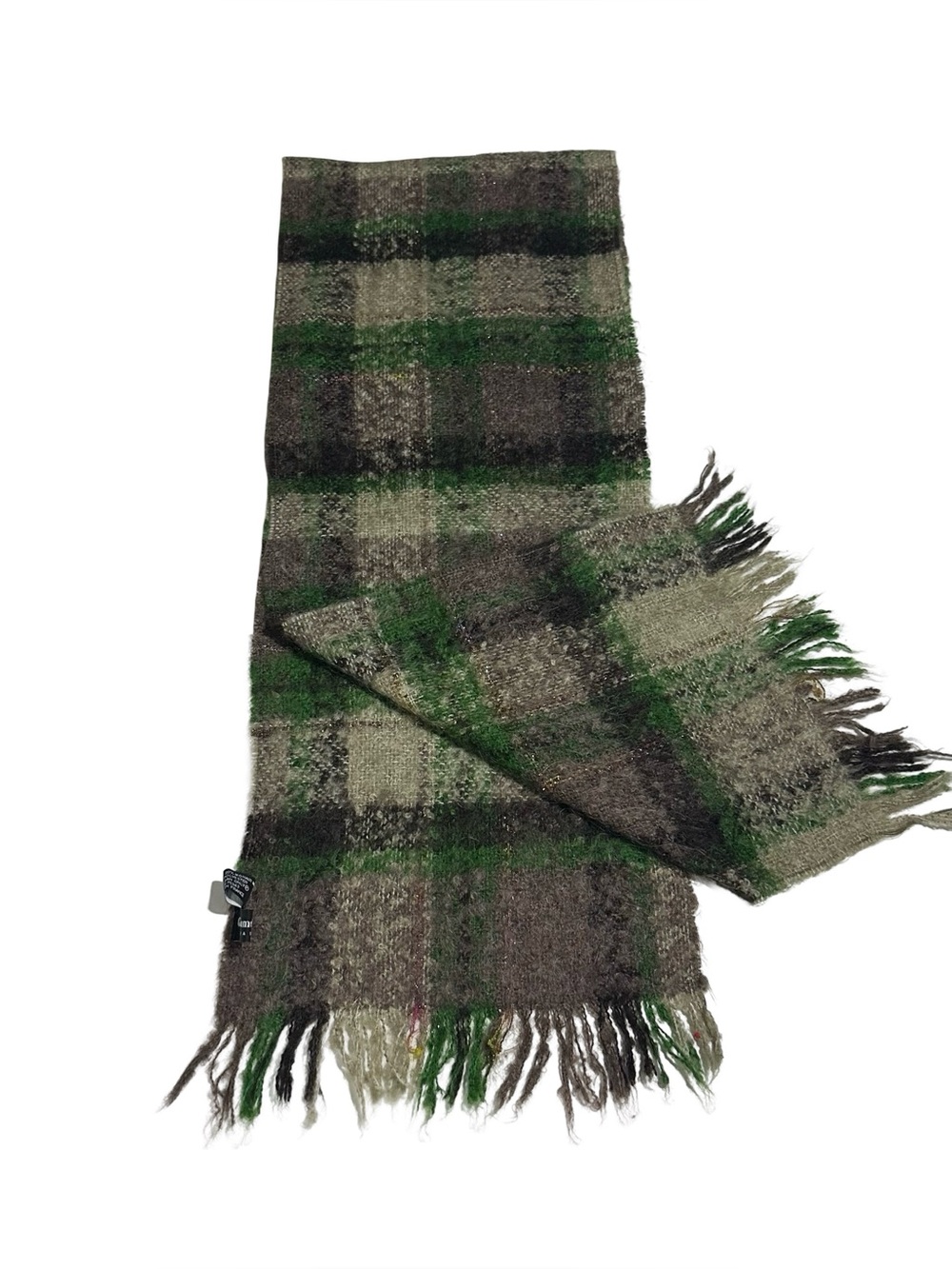 Guillaume de Monplanet Paris Scarf Womens Mohair Wool Plaid Green Fringed VTG